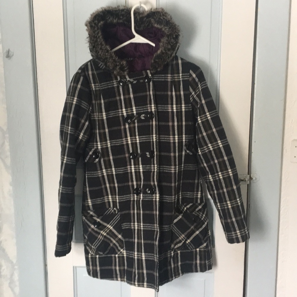 Black, tan, and white Volcom pea coat